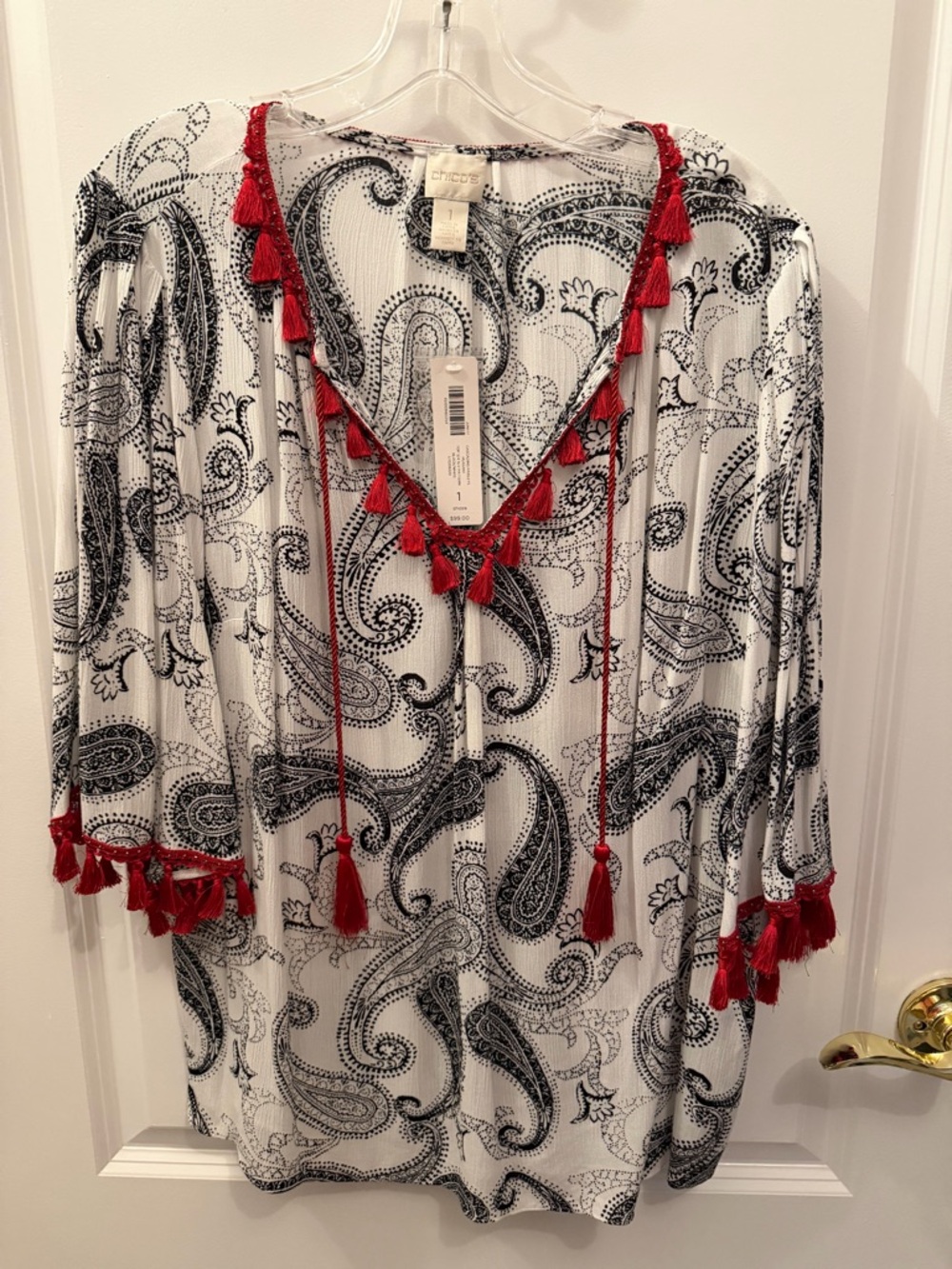 Chico's White & Black Paisley Tunic with Red Tassel Trim size small or 1